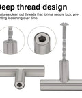 Set Of Six Modern T Bar Cabinet Knobs Hella Durable Stainless Steel Slick Silver Finish Scratch Resistant Kitchen Cupboard Handles That Bring Serious Swag To Any Room with deep thread design and secure locking system.