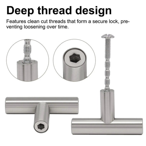 Set Of Six Modern T Bar Cabinet Knobs Hella Durable Stainless Steel Slick Silver Finish Scratch Resistant Kitchen Cupboard Handles That Bring Serious Swag To Any Room with deep thread design and secure locking system.