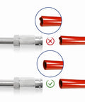 Front and side views of 2-pack KEIYSHOLCK inflation Schrader valves with push-to-connect for 1/4 in OD tubing and red air lines.
