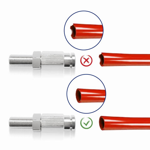 Front and side views of 2-pack KEIYSHOLCK inflation Schrader valves with push-to-connect for 1/4 in OD tubing and red air lines.