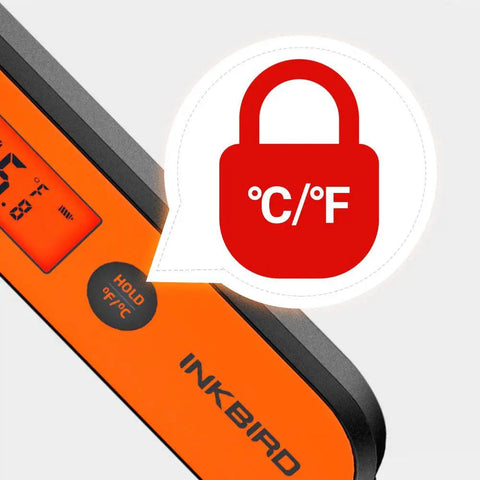 Digital display of Instant Read Meat Thermometer With 3 To 5 Second Quick Read Digital Waterproof Rechargeable Thermometer with lock icon.