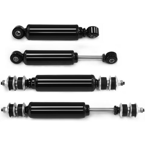 Upgraded Golf Cart Front And Rear Shock Absorber Kit For Club Car DS Precedent Tempo Lifted Models Off Road Ready Replacing OEM 1014235 1014236 1010991 1015813 For A Smoother Ride And Superior Road Feel, four black shock absorbers aligned in rows