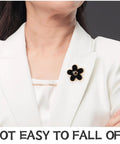Total Fashion Hack With These Pocket Ready Black Flower Button Covers And Alloy Brooch Pins For Dresses No Sew Snap Fasteners That Secure Fits Tightly And Elevate Daily Vibe, black flower brooch on white blazer.