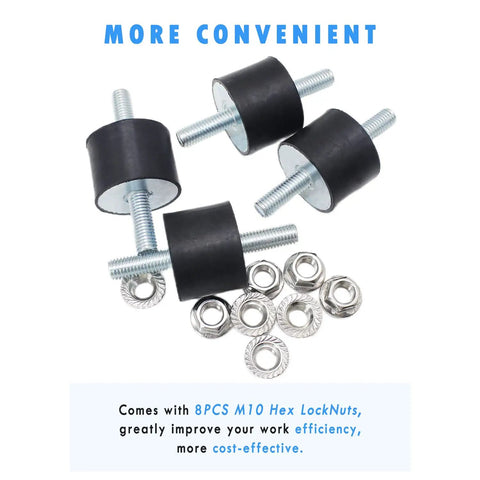 Beefy Heavy Duty Rubber Vibration Isolator Mounts M10 Double Stud Set Four Pack with Non Slip Nuts shown top view