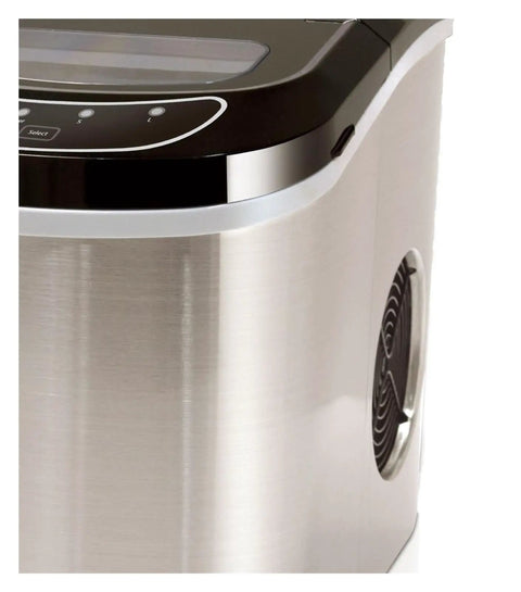 Close-up of Countertop Ice Maker Automatic Portable For Home One Touch Operation with stainless steel finish and control panel.