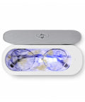 Portable Ultrasonic Jewelry Cleaner For Rings Silver Watches Retainers And Glasses Compact Countertop Machine on white background with glasses inside.