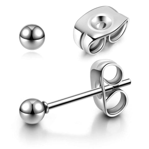 Silver Stainless Steel Ball Stud Earrings Set For Women And Men Hypoallergenic 10 Pcs 3mm To 8mm Round Ball Stud Earrings Classic Minimalist Jewelry For Everyday Wear, shown with stud and back