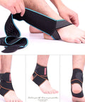 Blue Ankle Brace For Sprained Ankles And Sports, Adjustable Compression Support For Men And Women, showing usage instructions.