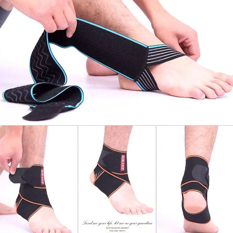 Blue Ankle Brace For Sprained Ankles And Sports, Adjustable Compression Support For Men And Women, showing usage instructions.