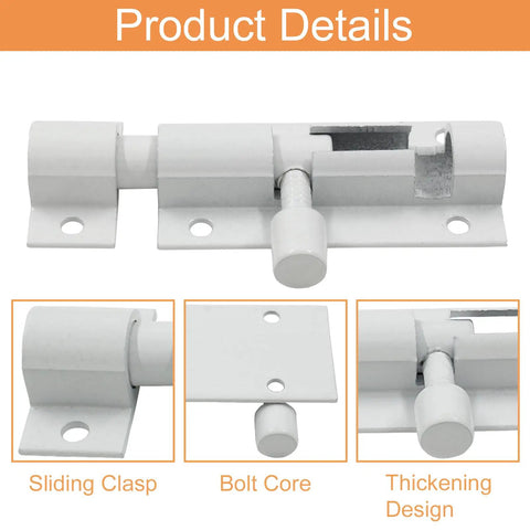 2 Pack White Barrel Bolt Latch 2 Inch Sliding Door Lock Aluminum Alloy Slide Bolt Heavy Duty Gate Hardware close-up of sliding clasp and bolt core