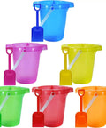 Six Piece Beach Buckets and Shovels Set for Kids, 7.6 Inch Pails and Shovels, colorful plastic beach toys for sand castles and fun