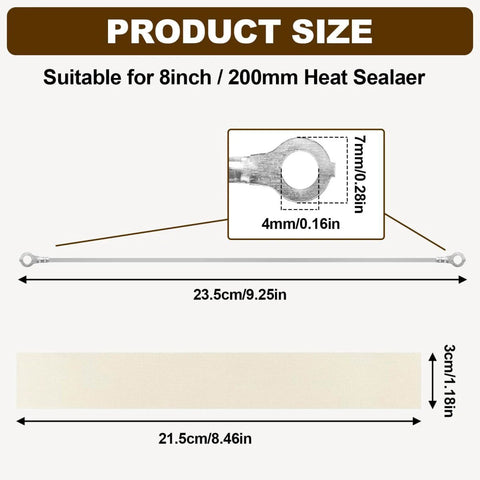 Size diagram for 8 Inch Impulse Sealer Replacement Parts Kit with dimensions for heat strips and Teflon tape.