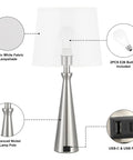 Set Of 2 Modern Table Lamps For Living Room And Bedroom With USB C And USB A Charging Ports Dimmable Touch Bedside Lamps With White Fabric Shade Nickel Finish Ideal For Master Or Guest Rooms End Table Lighting, showcasing nickel lamp, white fabric shade, USB ports, and E26 bulbs included.