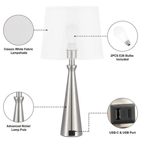 Set Of 2 Modern Table Lamps For Living Room And Bedroom With USB C And USB A Charging Ports Dimmable Touch Bedside Lamps With White Fabric Shade Nickel Finish Ideal For Master Or Guest Rooms End Table Lighting, showcasing nickel lamp, white fabric shade, USB ports, and E26 bulbs included.