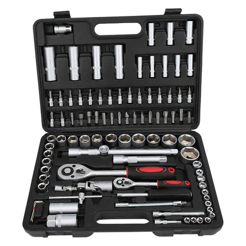 94 Piece Ratchet Wrench And Socket Tool Set Kit For Mechanics Chrome Steel Durable Pro Grade in open case showing tools