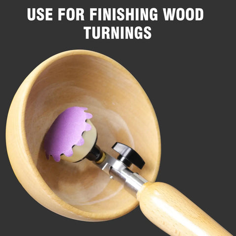 Heavy Duty Flex Edge Sanding Discs With Kickass 80 To 800 Grit Range attached to a woodturning tool for smooth finishes.