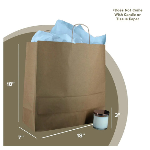 Heavy Duty Kraft Paper Gift Bags In Brown Jumbo 18 By 7 By 18 Inches Reinforced Construction With Weighted Block Bottom Stays Open For Easy Loading Perfect Bulk Gift Bags For Retail Stores And Parties shown with dimensions.