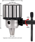 Heavy Duty 4 Piece 1/2 Inch Drill Chuck Kit With Genuine JT33 Taper Shank, components showing size and tightening key.