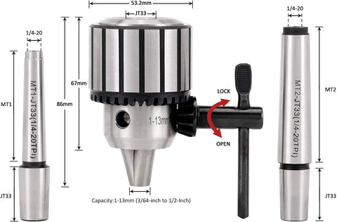Heavy Duty 4 Piece 1/2 Inch Drill Chuck Kit With Genuine JT33 Taper Shank, components showing size and tightening key.