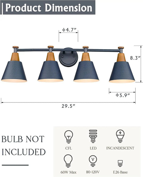 4 Light Bathroom Vanity Light Fixture With Hammered Metal Shade Finish In Dark Blue, Farmhouse Modern Wall Lamp, E26 Base
