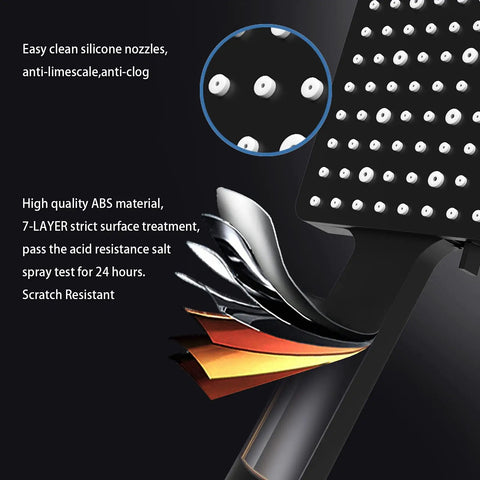 High Pressure Shower Head With Handheld Detachable System, 6 Spray Modes, anti-limescale silicone nozzles, material layers shown