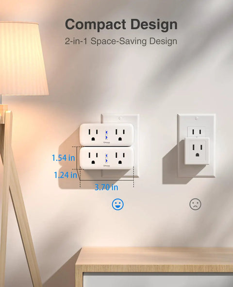 Dual Smart Plug 15A That Works With Alexa And Google Home installed in wall outlet, showing compact 2-in-1 space-saving design.