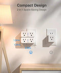 Dual Smart Plug 15A, Works With Alexa And Google Home, 2 in 1 compact outlet showing dimensions on wall