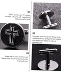 Men's Black Titanium Steel Cross Cufflinks Polished Shirt Fasteners For Formal And Casual Wear Go To Accessory With Elegant Religious Style For Everyday Gear And Gift set of 2 displayed on felt surface
