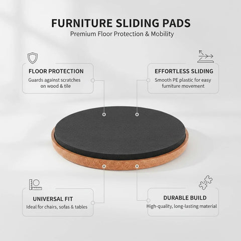 Glide Easy Furniture Pads For Hard Floors PE Plastic Round Glides with text highlighting floor protection and sliding benefits
