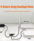Real Deal Heavy Duty Mini UPS With 6000mAh High Capacity Battery powering a WiFi router and ONU for backup.