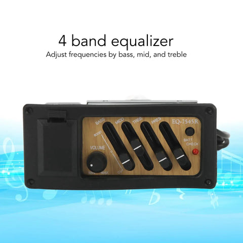 Acoustic Guitar Preamp With 4 Band EQ Equalizer Onboard Pickup System in wood grain finish, showing adjustable bass, mid, treble.