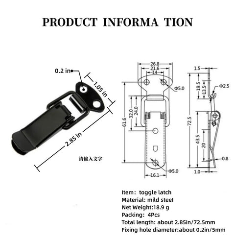 Diagram of Built Tough Heavy Duty Steel Spring Loaded Toggle Latch with dimensions and product details visible