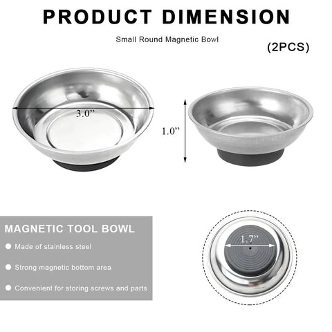Two Pack Magnetic Parts Tray Set, Heavy Duty Stainless Steel 3 Inch Round Magnetic Trays For Mechanics, Tool Tray For Screws Bolts Nuts Washers Pins And Metal Parts