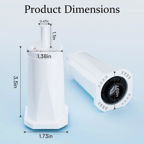 Product dimensions of Six Pack No Fuss Replacement Water Filters For Breville And Sage Espresso Machines, illustrating size and shape.