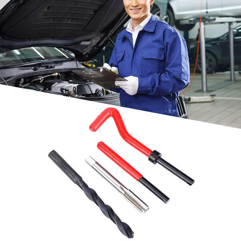 Zohisin M10x1 Stainless Steel Thread Repair Kit That Is Totally Sick With 17 Pieces Including Twisted Drill Tap Wrench For Auto Parts And High Voltage Switchgear To Fix Broken Threads Like A Champ., mechanic using M10x1 stainless steel thread repair kit with drill, tap, and wrench