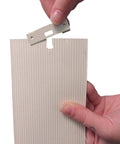 Person holding Vertical Blind Repair Clips With Curved Vane Saver for Window Blinds, installing on slat, white 15 pack.