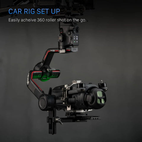 Dope Handheld Cage Rig For DJI Mavic 4 Pro Titanium White in car rig setup with top side handles and 15mm rod clamps