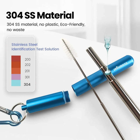 Travel Ready Reusable Collapsible Telescoping Stainless Steel Straws 4 Pack TSA Friendly With Aluminum Case Cleaning Brush Keychain