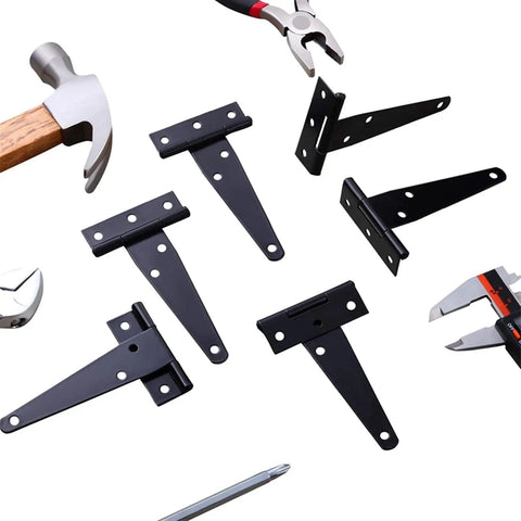 6 Pack 4 Inch Rustproof Stainless Steel T Shape Door Hinges In Black Finish scattered with tools nearby