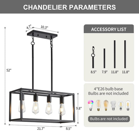 Black Farmhouse 4 Light Dining Room Chandelier With Rectangular Pendant Lights For Kitchen Island Modern Dope Adjustable Height Metal Lighting Fixture E26 Base