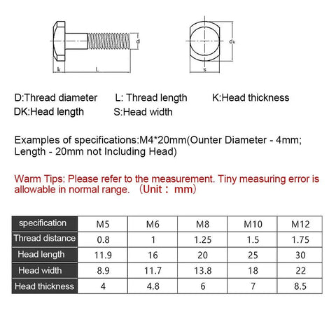 Technical drawing with dimensions for bolts: thread diameter, length, head width, and thickness, includes M8 specification details.
