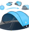 Pop Up Beach Tent For 2 To 4 People Large Sun Shade Shelter with instant setup shown in blue with carrying bag
