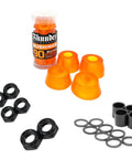 Premium Skateboard Bushings And Kingpin Hardware Rebuild Kit including 90a orange bushings, black nuts, washers, and spacers.