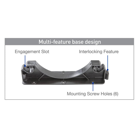 Durable Scuba Tank Holder System with interlocking bases and silicone band showing engagement slot and mounting holes.