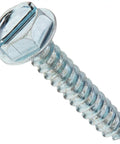 Tough As Nails Rust Resistant Zinc Hex Washer Head Sheet Metal Screws close-up, #10 By 1 Inch, showing sharp tip and threaded shaft.