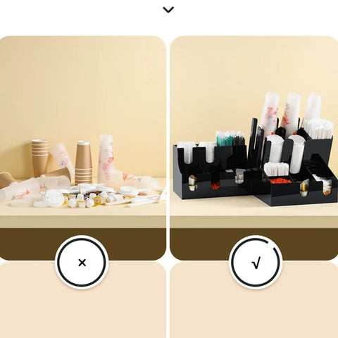 Heavy Duty Clear Acrylic Coffee Station Organizer And Coffee Bar Condiment Holder Bin with cups and straws arranged neatly.