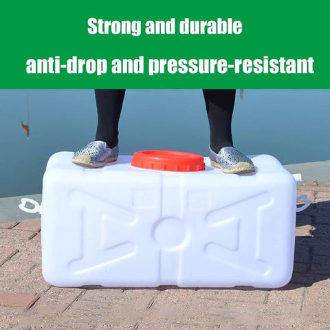 Person standing on versatile portable water tank for schools, hotels, train stations, offices and homes, showing toughness.