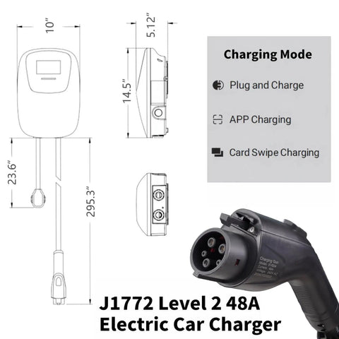 Level 2 EV Charger 48A 240V J1772 Connector ETL Certified For Home Use, design and connector details.