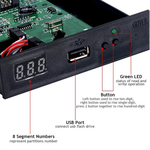 SFR1M44-U100 3.5 Inch USB Floppy Drive Emulator 1.44MB For Old School PCs And Arcade Cabinets USB Flash Drive Based Plug And Play Setup 34 Pin Interface Black front panel with USB port, buttons and LED