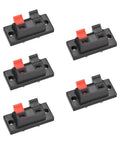 Five pack of Two Way Spring Speaker Terminal Clip Push Release Connector, spring loaded, red and black polarity, AWG24 to AWG16.